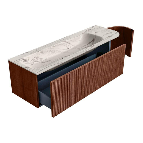 MONDIAZ KURVE-DLUX Meuble de salle de bains 145cm arrondi à droite couleur Ruby avec 1 tiroir et 1 porte. Lavabo BIG LARGE à gauche 1 trou de robinet Nata. SW1432561