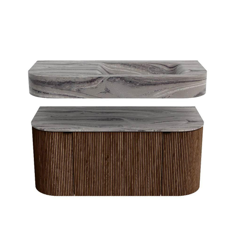 MONDIAZ THOR-DLUX 100cm meuble de salle de bains arrondi gauche + droite couleur Walnut avec 1 tiroir et 2 portes. Vasque suspendue CLOUD Droite sans trou de robinet couleur Sombra. SW1467614
