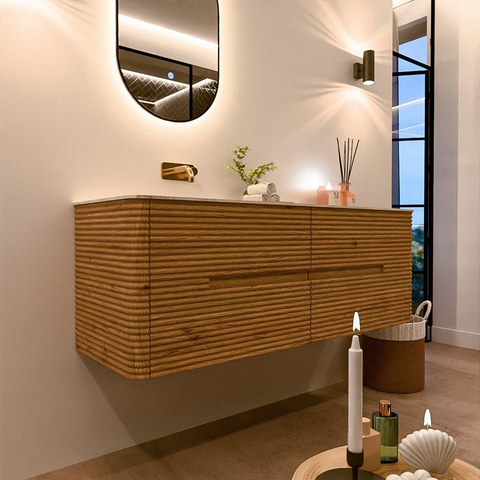 Mondiaz CIRO-DLUX Ensemble de meubles de salle de bains - 140x45x50cm - lavabo en résine minérale Meli - 1 vasque à gauche - sans trous de robinetterie - 4 tiroirs - Chêne SW1531393