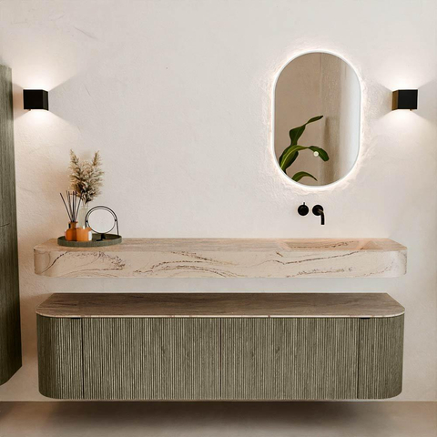 MONDIAZ THOR-DLUX 180cm meuble de salle de bains arrondi gauche + droite couleur Shadow avec 2 tiroirs et 2 portes. Vasque suspendue CLOUD Droite sans trou de robinet couleur Arena. SW1466143