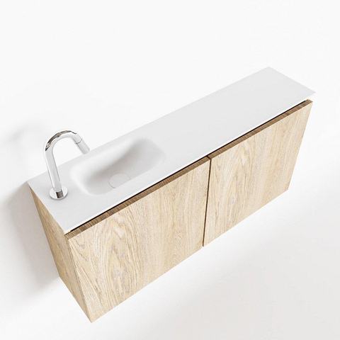 MONDIAZ TURE Toiletmeubel 100x23x50cm met 1 kraangaten 2 deuren washed oak mat Wastafel Eden links Solid Surface Wit SW475165