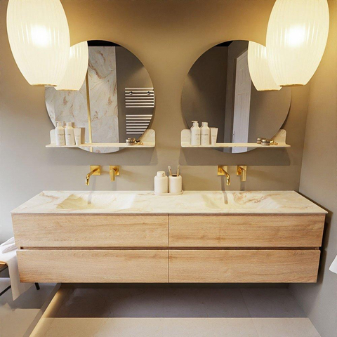 MONDIAZ VICA-DLUX Ensemble meuble de salle de bains - 200cm - meuble bas Washed oak - 4 tiroirs - lavabo encastré cloud double - sans trous de robinet - version haute 60cm - frape SW1088814