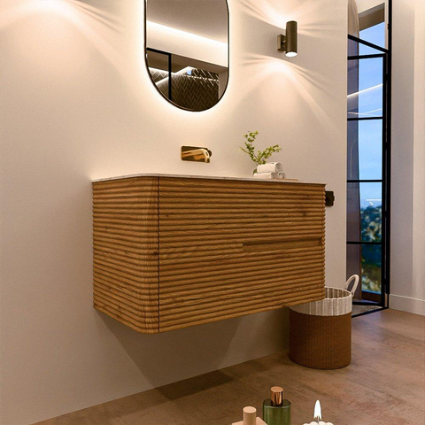 Mondiaz CIRO-DLUX Badkamermeubelset - 90x45x50cm - Solid surface wastafel Ostra - 1 wasbak Midden - zonder kraangaten - 2 lades - Oak SW1531054