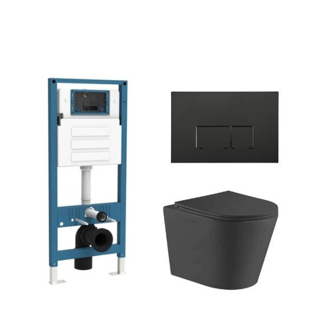 QeramiQ Dely Toiletset - inbouwreservoir Qeramiq Flush - slim zitting - kunststof mat zwarte bedieningsplaat - rechthoekige knoppen - mat zwart SW1578518