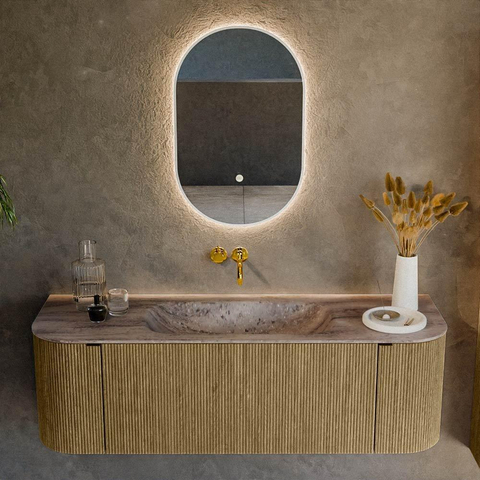 MONDIAZ KURVE-DLUX 140cm badmeubel ronding Links + Rechts kleur Dusk met 1 lade en 2 deuren. Wastafel BIG SMALL Midden zonder kraangat Oza. SW1432976