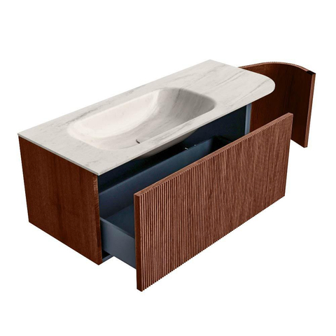 MONDIAZ KURVE-DLUX Meuble de salle de bains 115cm arrondi à droite couleur Ruby avec 1 tiroir et 1 porte. Lavabo BIG SMALL gauche sans trou de robinet Meli. SW1432011