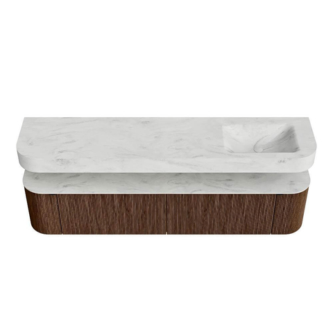 MONDIAZ THOR-DLUX 200cm badmeubel ronding links + rechts kleur Walnut met 2 lades en 2 deuren. Vrijhangende wastafel CLOUD Rechts zonder kraangat kleur Opalo. SW1466991