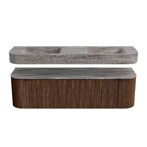 MONDIAZ THOR-DLUX 160cm meuble de salle de bains arrondi gauche + droite couleur Walnut avec 1 tiroir et 2 portes. Vasque suspendue CLOUD Double 2 trous de robinet couleur Oza. SW1465303