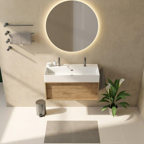 Saniclass Holz Frame Badkamermeubelset - 100x45x52cm - Legend keramische wastafel mat wit - 1 wasbak - 2 kraangaten - 1 lade - mat eiken natural (hout) SW1579671