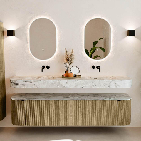 MONDIAZ THOR-DLUX Meuble de salle de bains - 190cm - arrondi gauche + droite - couleur Dusk - 2 tiroirs et 2 portes - Vasque suspendue CLOUD Double sans trou de robinet - couleur Glace SW1466456
