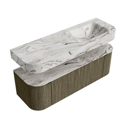 MONDIAZ THOR-DLUX 140cm meuble de salle de bains arrondi gauche + droite couleur Shadow avec 1 tiroir et 2 portes. Vasque suspendue CLOUD Droite 1 trou de robinet couleur Glace. SW1464150