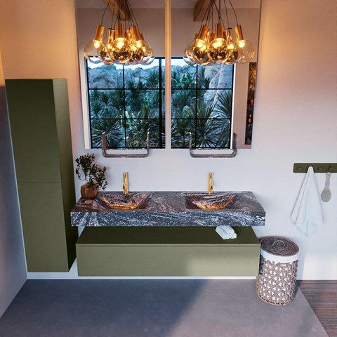 Mondiaz ALAN-DLUX Ensemble de meuble - 150cm - meuble Army mat - 1 tiroir - Lavabo Cloud Lava suspendu - vasque Gauche et droite - 2 trous de robinet SW808517