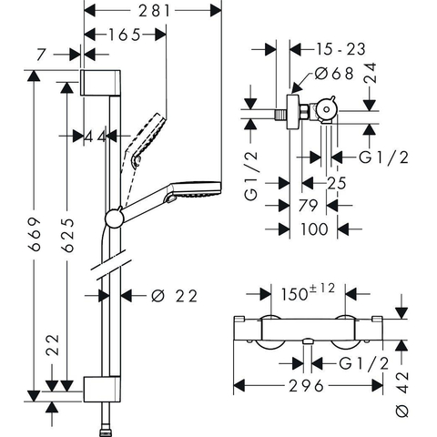 Hansgrohe Crometta Douchecombinatie: - met Ecostat - 1001 CL douchekraan - thermostatische - met glijstangset - 65cm - met Crome - thermostaat - wit chroom SW73235