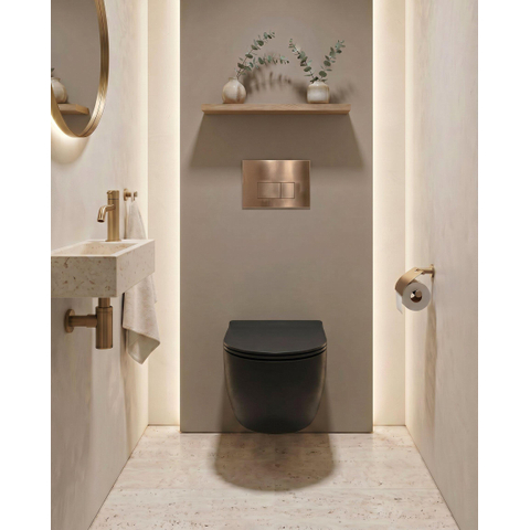QeramiQ Dely Swirl Toiletset - 36.3x51.7cm - Geberit UP720 Duofix Sigma inbouwreservoir - slim zitting - koperen bedieningsplaat - rechthoekige knoppen - mat zwart SW1416864