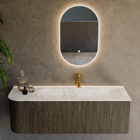 Mondiaz KURVE-DLUX Ensemble de meubles de salle de bains - 135x46x40cm - 1 tiroir - 1 porte - lavabo solid surface - droit - 1 trou de robinet - Shadow SW1414472