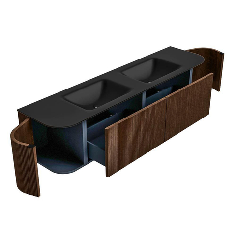 MONDIAZ KURVE 180cm badmeubel met module 25 Len R kleur Walnut met 2 lades en 2 deuren. Wastafel CLOUD dubbel zonder kraangat Urban. SW1138547