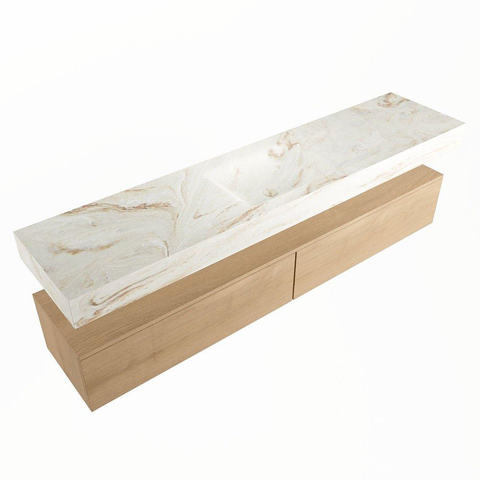 Mondiaz ALAN-DLUX Ensemble de meuble - 200cm - meuble Washed Oak mat - 2 tiroirs - Lavabo Cloud Frappe suspendu - vasque Centre - 0 trous de robinet SW808789