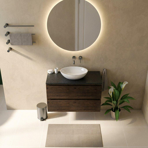 Saniclass Holz Pure Badkamermeubelset - 100x45x63cm - Noche basalten wastafelblad gepolijst (zwart) - zonder kraangat - 2 lades - mat eiken charcoal (hout) SW1478562