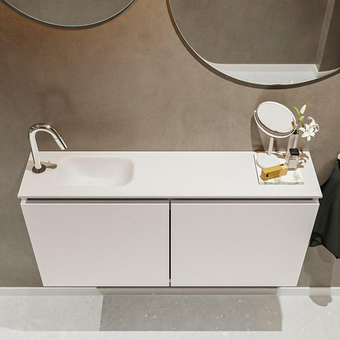 MONDIAZ TURE Toiletmeubel 100x23x50cm met 1 kraangaten 2 deuren linen mat Wastafel Eden links Solid Surface Wit SW475102