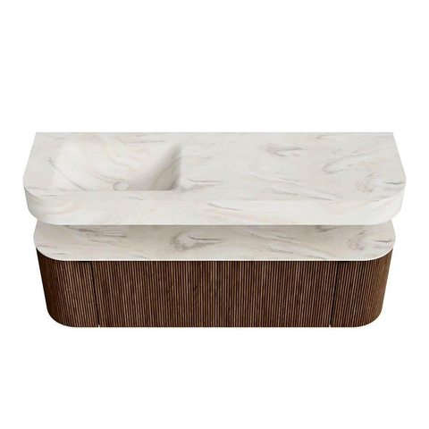 MONDIAZ THOR-DLUX 150cm badmeubel ronding links + rechts kleur Walnut met 1 lade en 2 deuren. Vrijhangende wastafel CLOUD Links zonder kraangat kleur Ostra. SW1464676