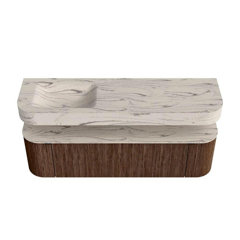 MONDIAZ THOR-DLUX 160cm badmeubel ronding links + rechts kleur Walnut met 1 lade en 2 deuren. Vrijhangende wastafel CLOUD Links zonder kraangat kleur Nata. SW1465255