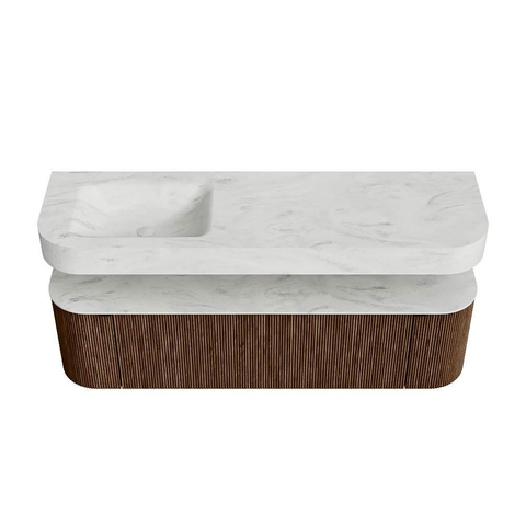 MONDIAZ THOR-DLUX 160cm badmeubel ronding links + rechts kleur Walnut met 1 lade en 2 deuren. Vrijhangende wastafel CLOUD Links 1 kraangat kleur Opalo. SW1465044