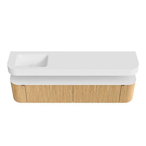 MONDIAZ THOR Meuble de salle de bains - 200cm - arrondi gauche + droite - couleur Oak - 2 tiroirs - 2 portes - Vasque suspendue CLOUD Gauche sans trou de robinet - couleur Talc SW1466930