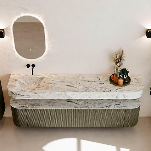 MONDIAZ THOR-DLUX 200cm meuble de salle de bains arrondi gauche + droite couleur Shadow avec 2 tiroirs et 2 portes. Vasque suspendue CLOUD Gauche sans trou de robinet couleur Glace. SW1467021