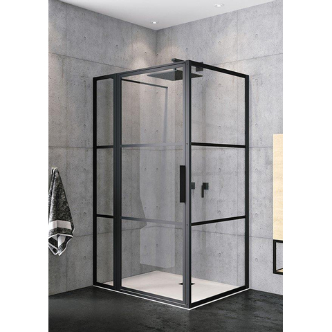 Riho Grid Cabine de douche XL rectangulaire 110x100cm 1 porte pivotante profilé noir mat et verre clair SW258598
