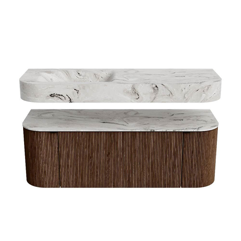 MONDIAZ THOR-DLUX 130cm meuble de salle de bains arrondi gauche + droite couleur Walnut avec 1 tiroir et 2 portes. Vasque suspendue CLOUD Gauche sans trou de robinet couleur Glace. SW1463592