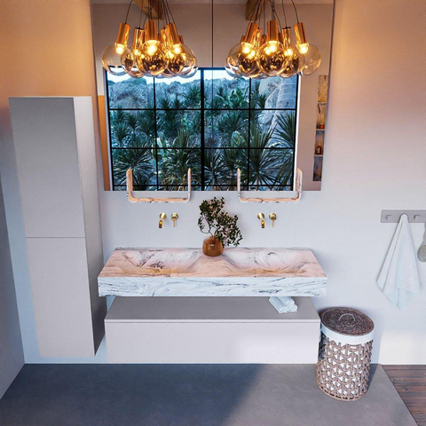 Mondiaz ALAN-DLUX Ensemble de meuble - 130cm - meuble Cale mat - 1 tiroir - Lavabo Cloud Glace suspendu - vasque Gauche et droite - 0 trous de robinet SW805755