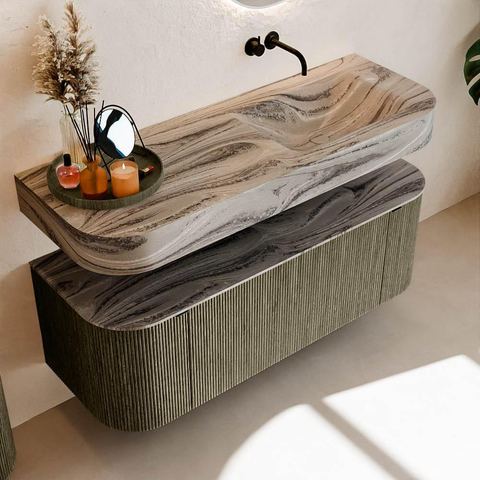 MONDIAZ THOR-DLUX 130cm meuble de salle de bains arrondi gauche + droite couleur Shadow avec 1 tiroir et 2 portes. Vasque suspendue CLOUD droite sans trou de robinet couleur Sombra. SW1463950