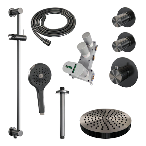 BRAUER Stripe Thermostatische Inbouw Regendouche - SET 12 - 25cm douchekop - plafondarm - 3-standen handdouche - doucheslang - geïntegreerde glijstang - gunmetal geborsteld PVD SW1435003