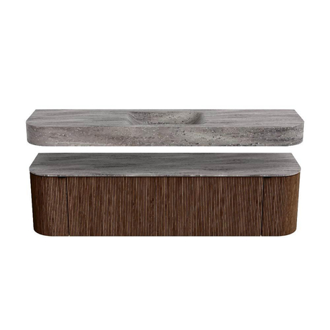 MONDIAZ THOR-DLUX 170cm badmeubel ronding links + rechts kleur Walnut met 1 lade en 2 deuren. Vrijhangende wastafel CLOUD Midden 1 kraangat kleur Oza. SW1465680