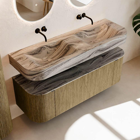 MONDIAZ THOR-DLUX 140cm meuble de salle de bains arrondi gauche + droite couleur Dusk avec 1 tiroir et 2 portes. Vasque suspendue CLOUD Double sans trou de robinet couleur Sombra. SW1464358