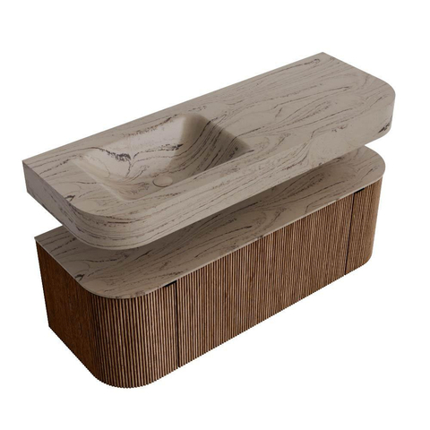 MONDIAZ THOR-DLUX 130cm meuble de salle de bains arrondi gauche + droite couleur Walnut avec 1 tiroir et 2 portes. Vasque suspendue CLOUD Gauche sans trou de robinet couleur Arena. SW1463770