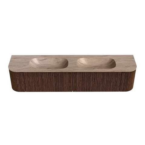 MONDIAZ KURVE-DLUX Meuble de salle de bains 200cm arrondi Gauche + Droite couleur Walnut avec 2 tiroirs et 2 portes. Lavabo STOR SMALL Double sans trou de robinet Saba. SW1434047