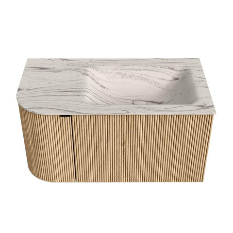 MONDIAZ KURVE-DLUX 85cm badmeubel ronding Links kleur Oak met 1 lade en 1 deur. Wastafel CLOUD Rechts 1 kraangat Nata. SW1432057