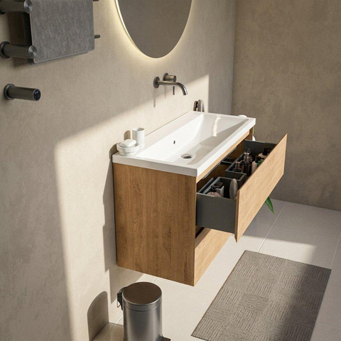 Saniclass Holz Pure Ensemble de meubles de salle de bains - 100x45x63.5cm - Vasque Bari en céramique blanche - 1 vasque - sans trou de robinet - 2 tiroirs - chêne natural mat (bois) SW1478750