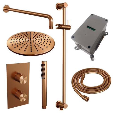 Brauer Copper Carving Douche pluie thermostatique avec pommeau 30cm et bras mural courbé 40cm et douchette Stylo 1 jet flexible lisse avec coude mural Cuivre brossé PVD SW715772