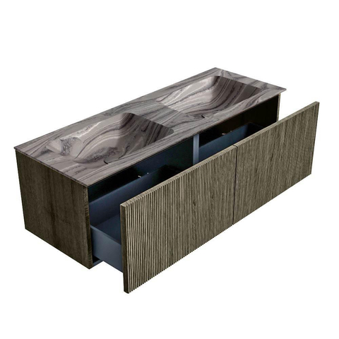 MONDIAZ KURVE-DLUX 130cm badmeubel kleur Shadow met 2 lades en 0 deuren. Wastafel LEAF Dubbel 2 kraangaten Sombra. SW1433804