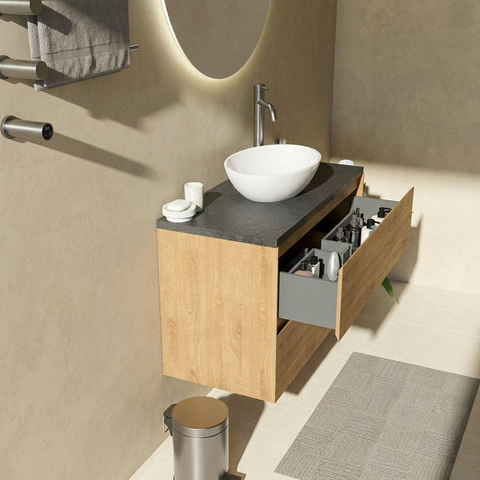 Saniclass Holz Pure Badkamermeubelset - 100x45x63cm - Noche basalten wastafelblad gepolijst (zwart) - 1 kraangat - 2 lades - mat eiken natural (hout) SW1478571