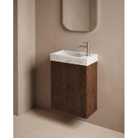 Saniclass Holz Atelier Ensemble de meuble WC - 40x60.5cm - 1 porte - lave-mains pierre naturelle marbre - trou de robinet à droite - chêne charcoal SW1577770