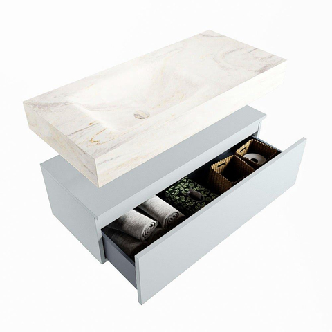 Mondiaz ALAN-DLUX Ensemble de meuble - 100cm - meuble Clay mat - 1 tiroir - Lavabo Cloud Ostra suspendu - vasque Gauche - 0 trous de robinet SW807643