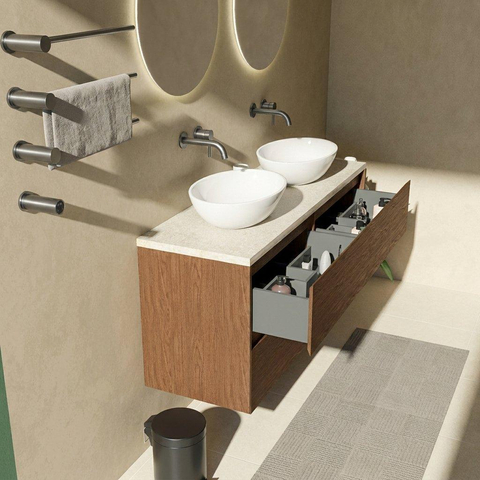 Saniclass Holz Pure Badkamermeubelset - 140x45x63cm - Travertine natuurstenen topblad - zonder kraangat - 4 lades - mat walnut pure (hout) SW1478900