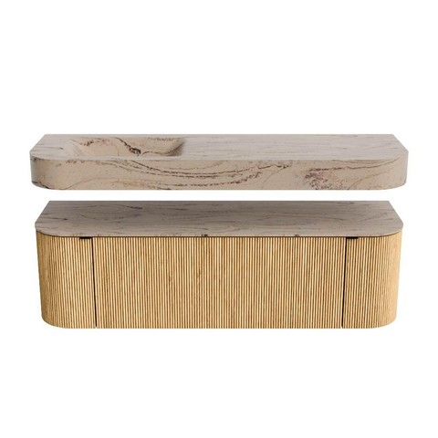 MONDIAZ THOR-DLUX 150cm badmeubel ronding links + rechts kleur Oak met 1 lade en 2 deuren. Vrijhangende wastafel CLOUD Links zonder kraangat kleur Arena. SW1464717