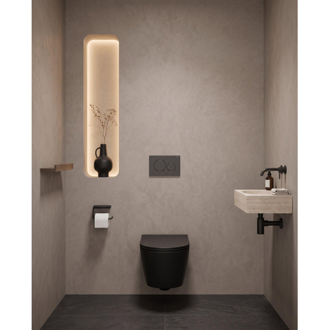 QeramiQ Dely Ensemble WC - 36.3x51.7cm - chasse profonde - sans bride - réservoir encastré Geberit UP720 - abattant de WC à fermeture amortie - 35mm - plaque de commande anthracite mat - boutons ronds - noir mat SW1427990