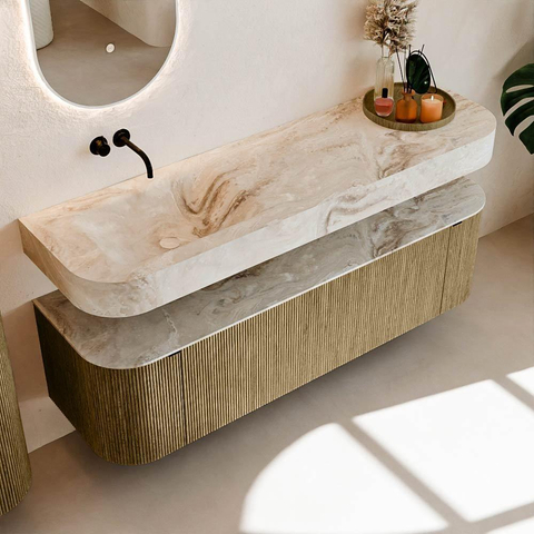 MONDIAZ THOR-DLUX 160cm meuble de salle de bains arrondi gauche + droite couleur Dusk avec 1 tiroir et 2 portes. Vasque suspendue CLOUD gauche sans trou de robinet couleur Frappe. SW1465037