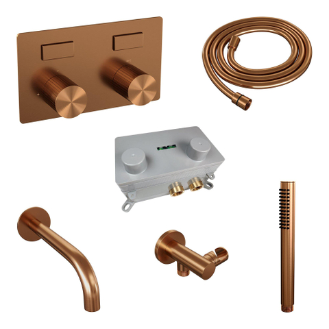 BRAUER Stripe Mitigeur thermostatique de bain - boutons-poussoirs - SET 03 - encastré - bec - douchette à main - flexible de douche - coude mural - cuivre brossé PVD SW1434912