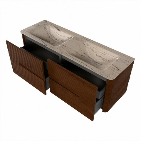 Mondiaz CIRO-DLUX Badkamermeubelset - 140x45x50cm - Solid surface wastafel Arena - 2 wasbak Dubbel - 2 kraangaten - 4 lades - Ruby SW1531716